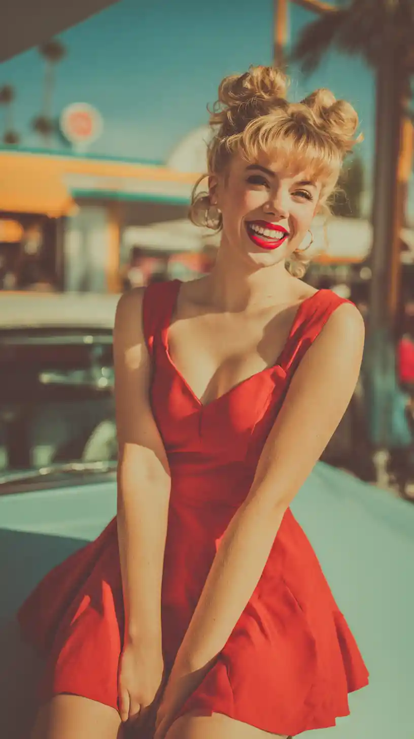 Junge Frau im roten Kleid auf Oldtimer vor einem Diner
