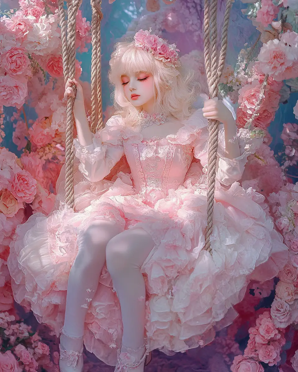 Verspieltes Fantasy-Mädchen auf Blumenschaukel im Pastellgarten
