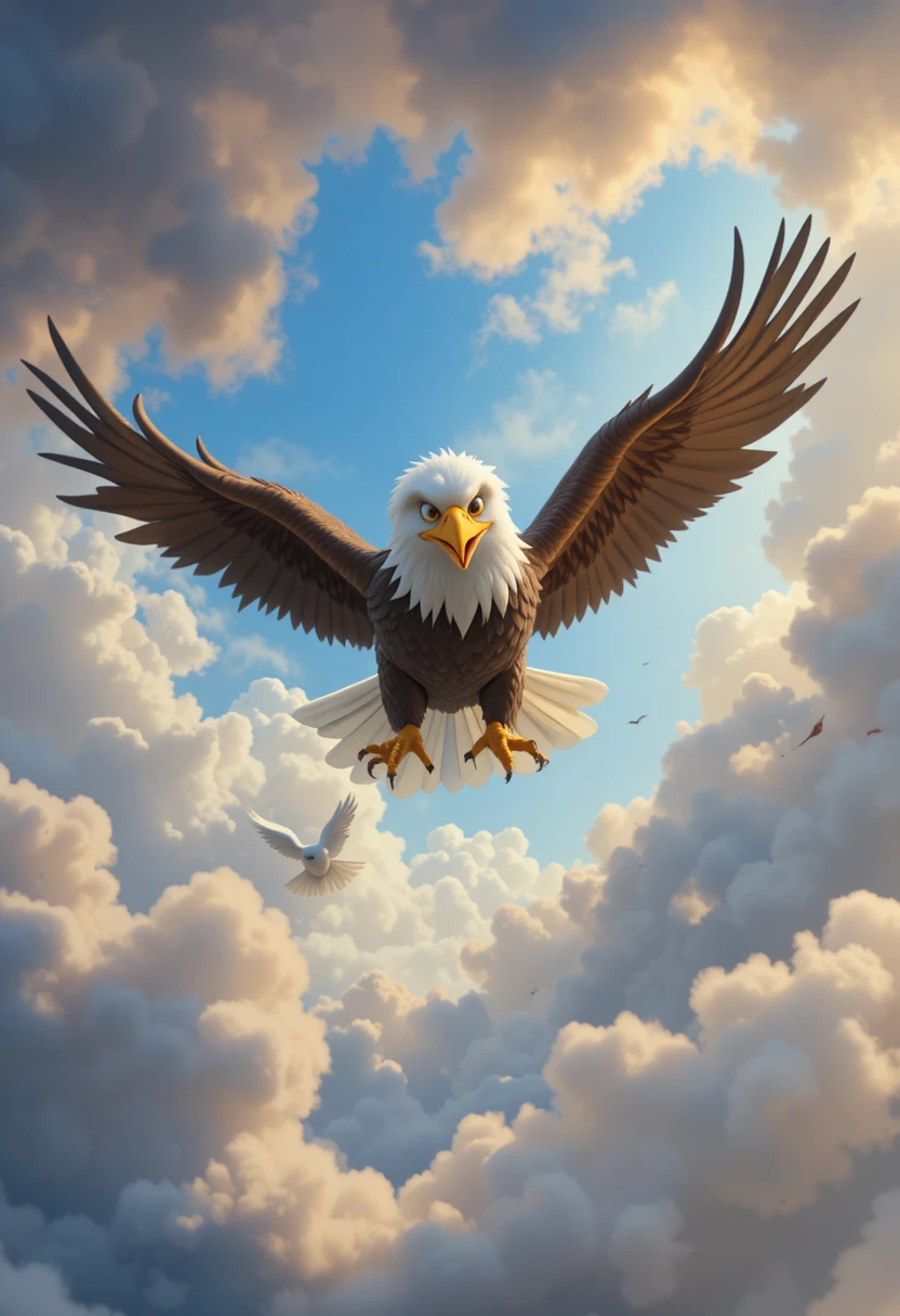 Águia 3D em desenho animado perseguindo uma pomba branca no céu escuro