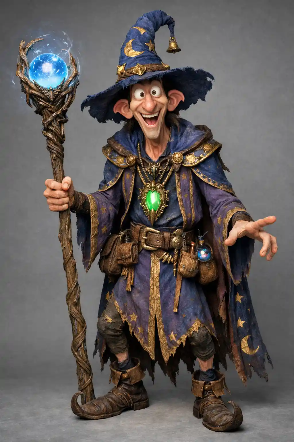 Mago alto e engraçado em renderização 3D de fantasia detalhada