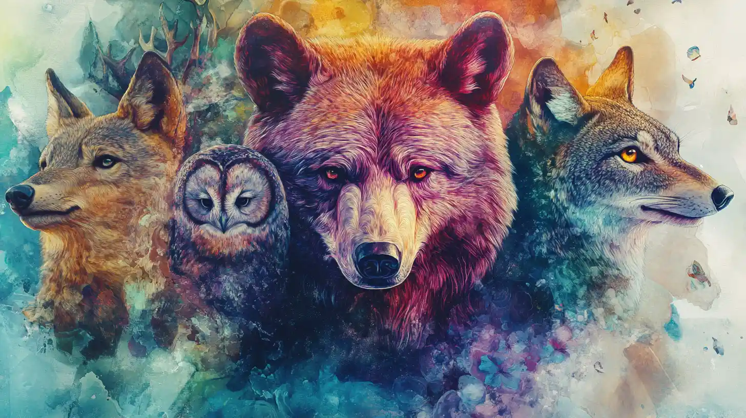 Peinture de faune en double exposition avec ours, loup, hibou et cerf