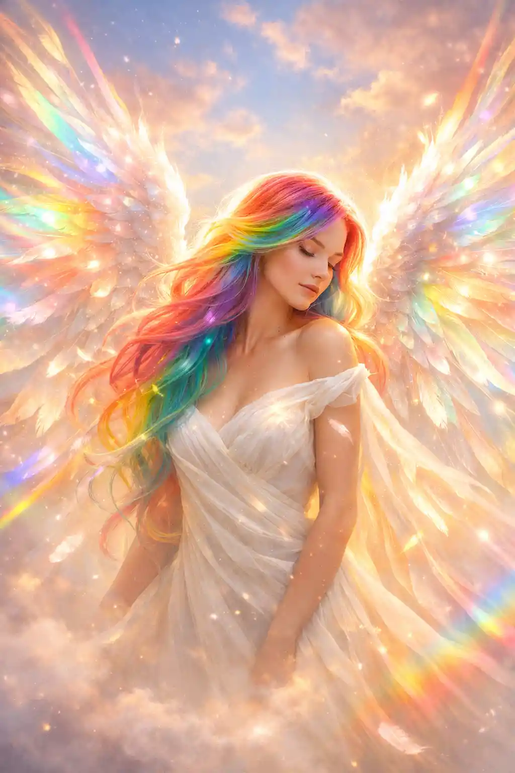 Anjo com Asas Arco-Íris Explodindo em Luz Radiante