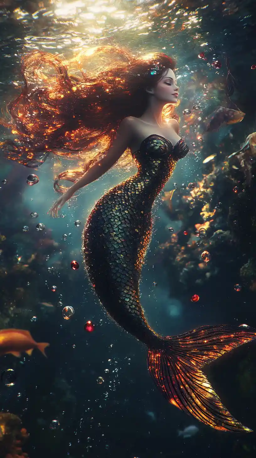 Sirenetta da sogno che fluttua con grazia nelle oscure profondità marine