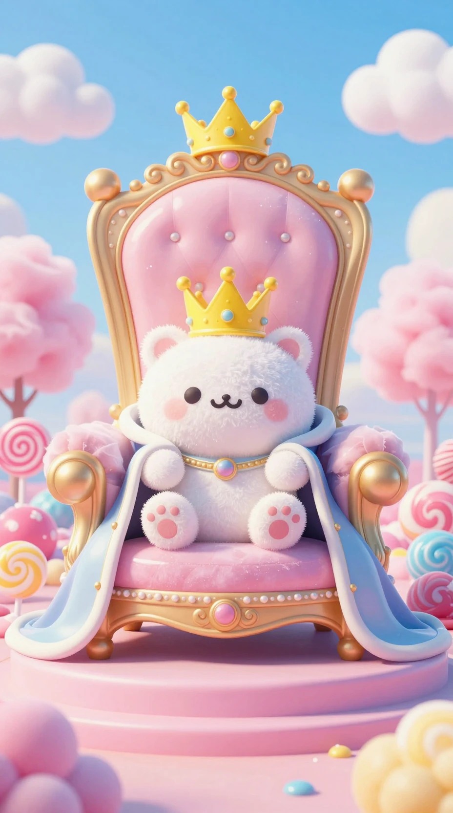 Majestischer Mochi-Donut auf einem Süßigkeiten-Thron im pastellfarbenen Wunderland
