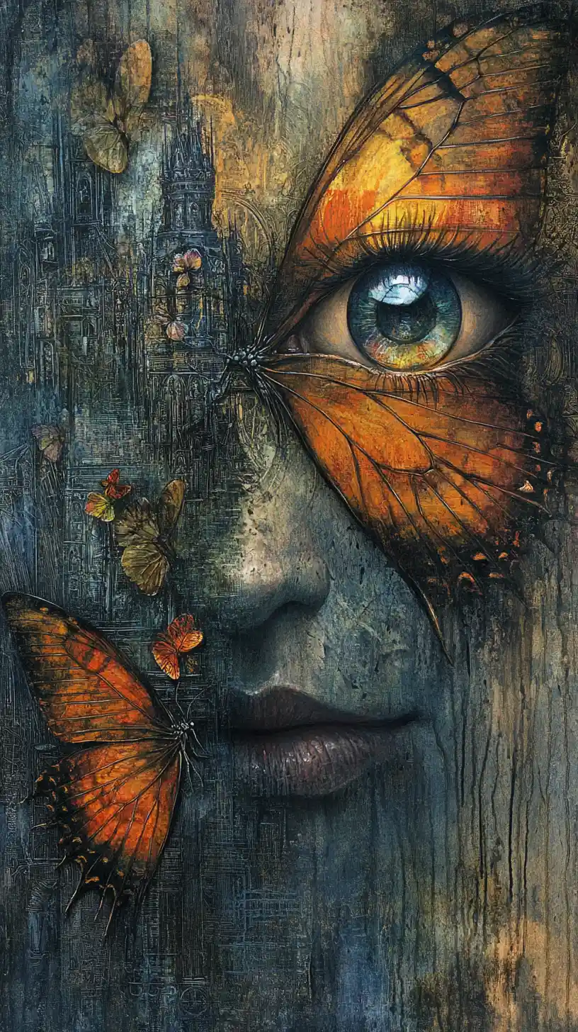 Peinture surréaliste en techniques mixtes d’un visage de papillon vibrant