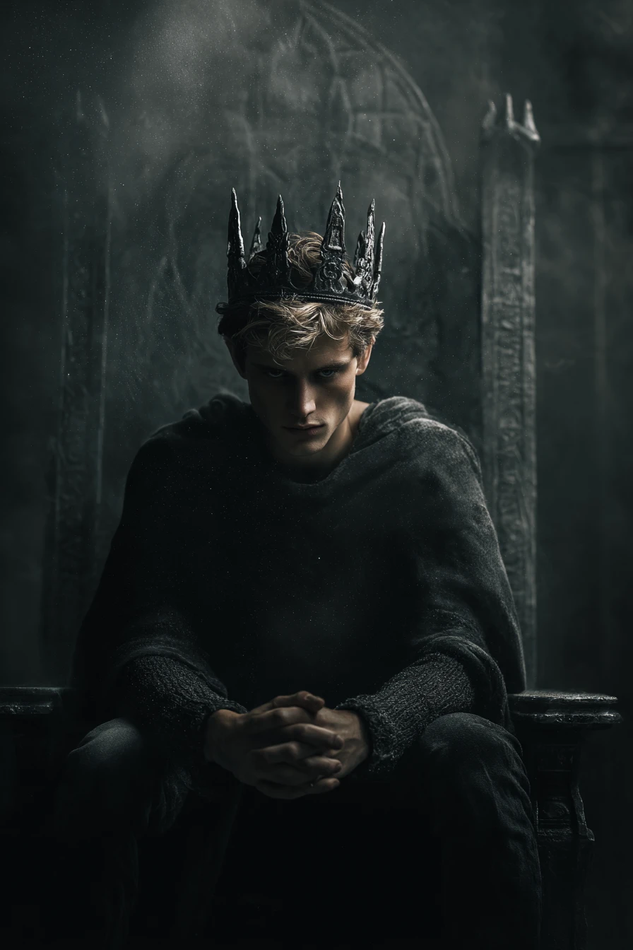 Rei medieval solene em um trono de obsidiana ao luar