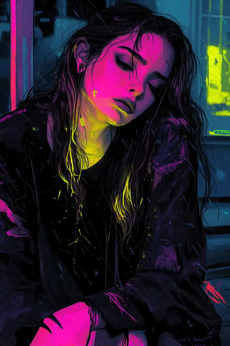 Sad gothic woman on a city street bench under neon glow