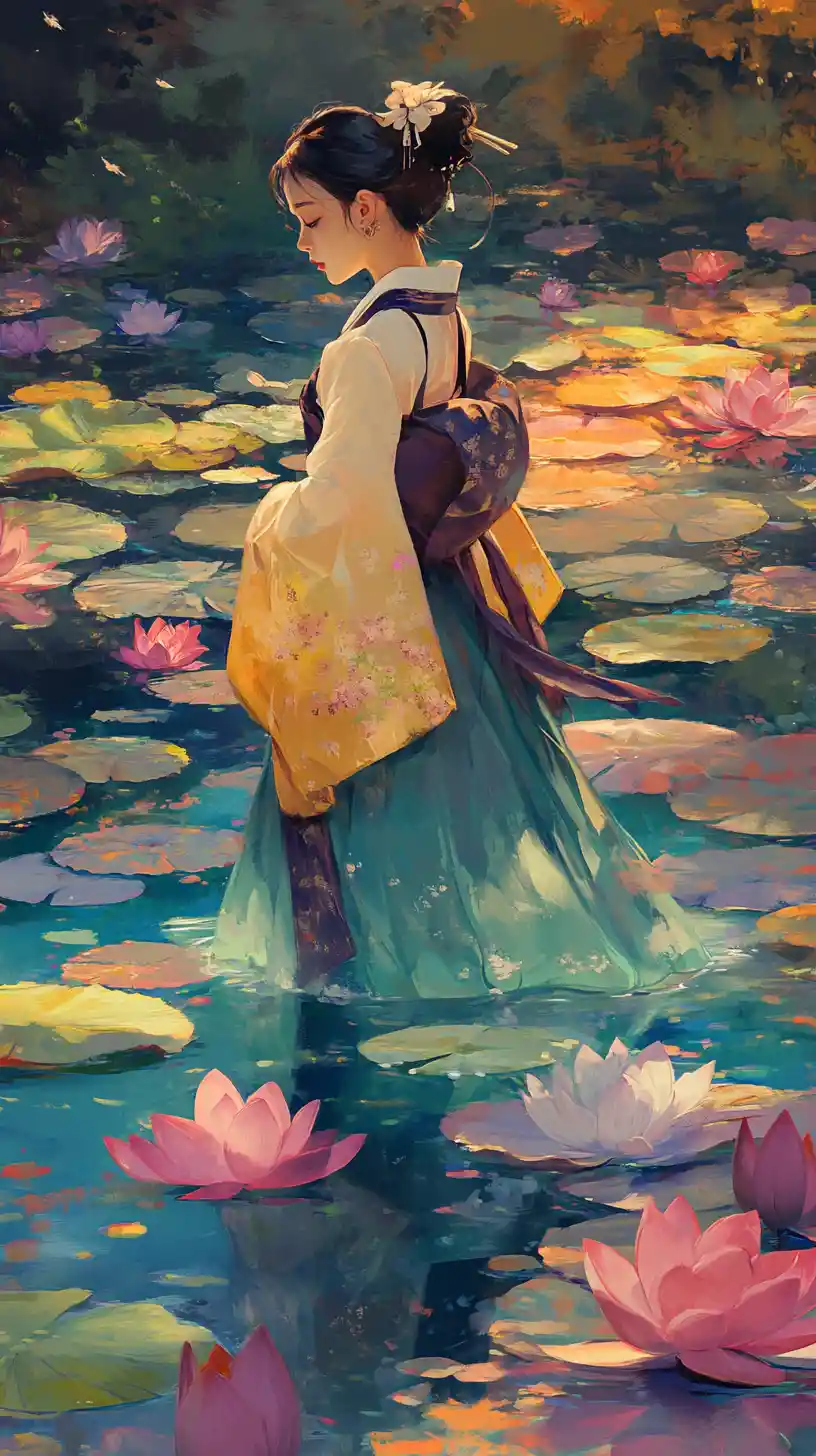 Young woman in Korean hanbok walking through lotus pond