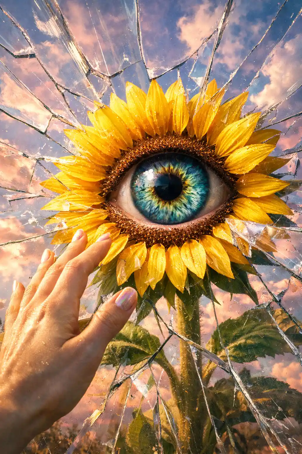 Occhio surreale di girasole con mano tesa e vetro infranto
