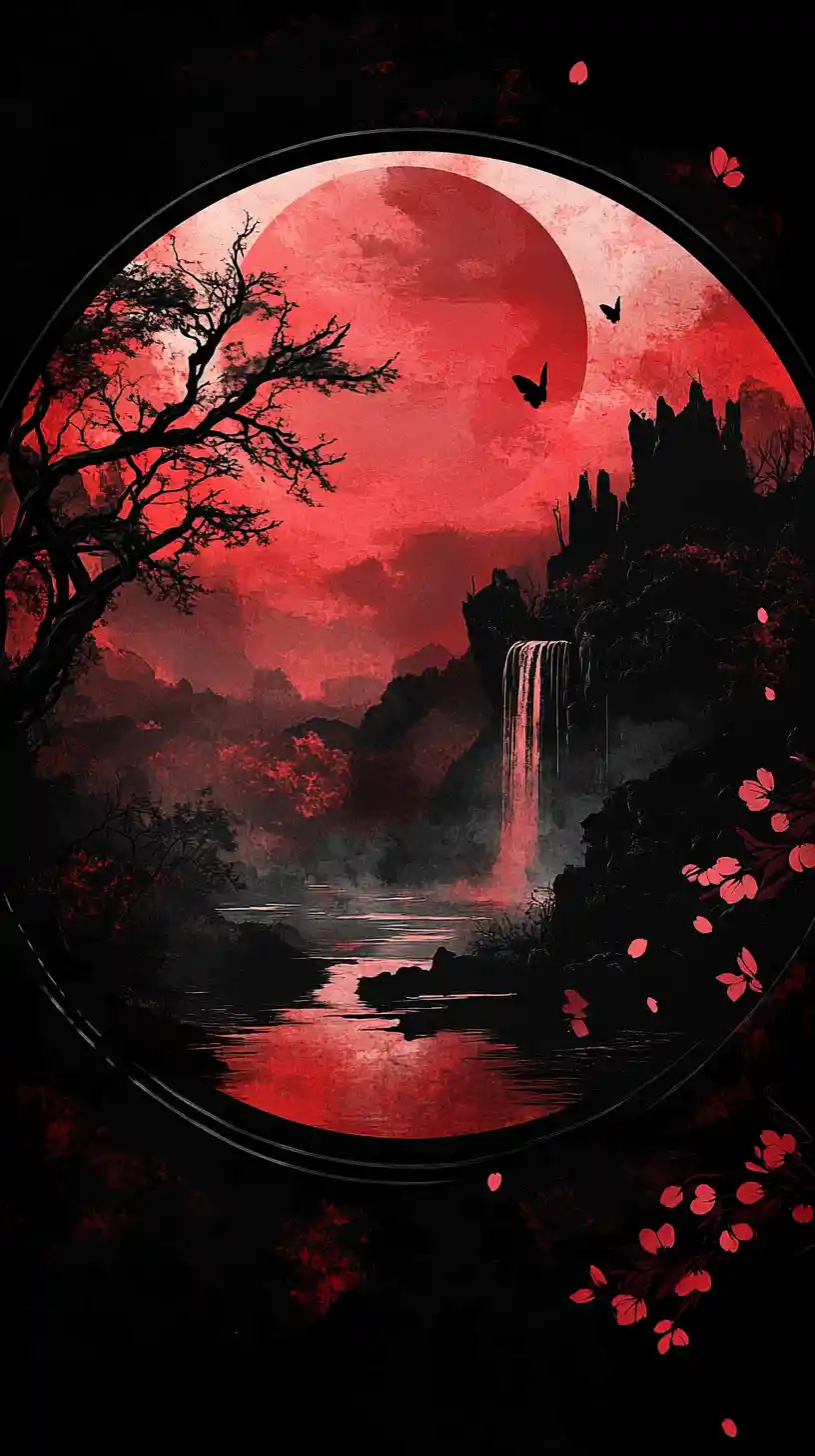 Dark fantasy landscape within circular ink brush frame