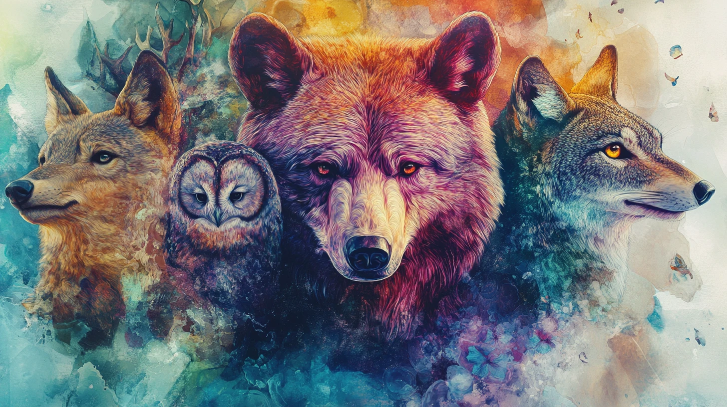 Pintura de vida selvagem em dupla exposição com urso, lobo, coruja e veado