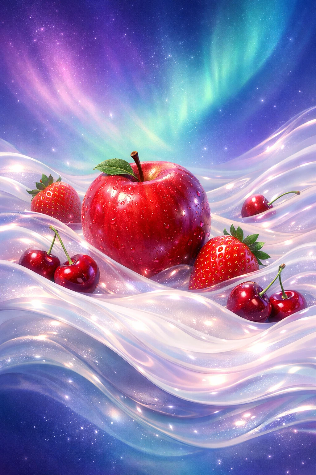 Dreamy 3D red apple with strawberries in milky waves