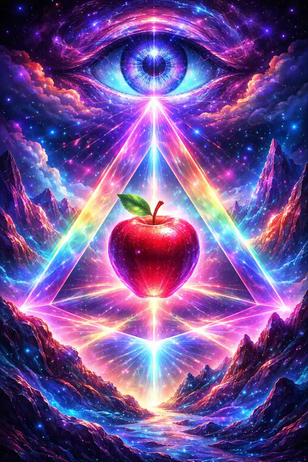 Pomme Rouge Brillante dans une Pyramide Cosmique Prismatique