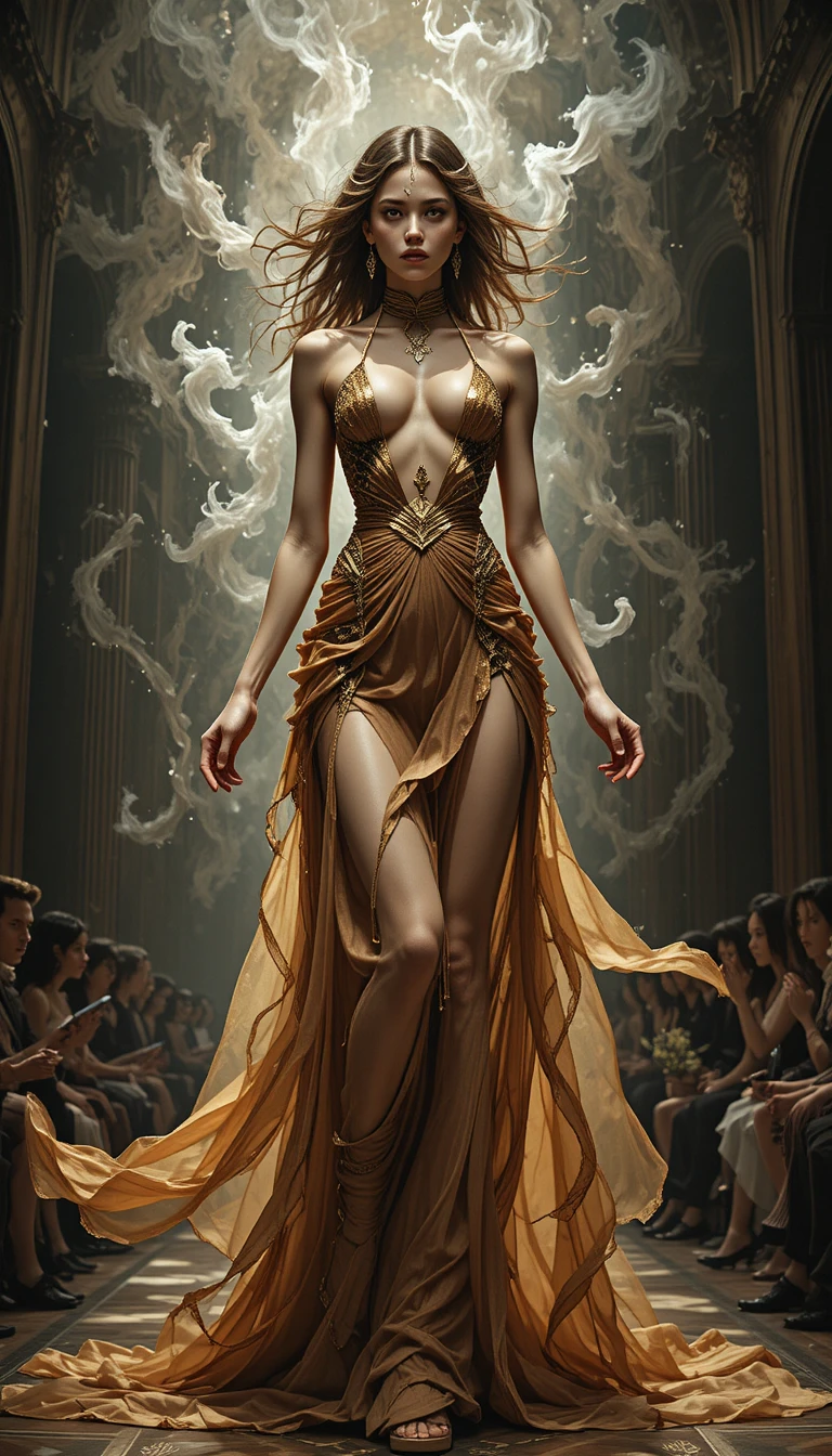 Tall fashion model posing powerfully on dramatic runway