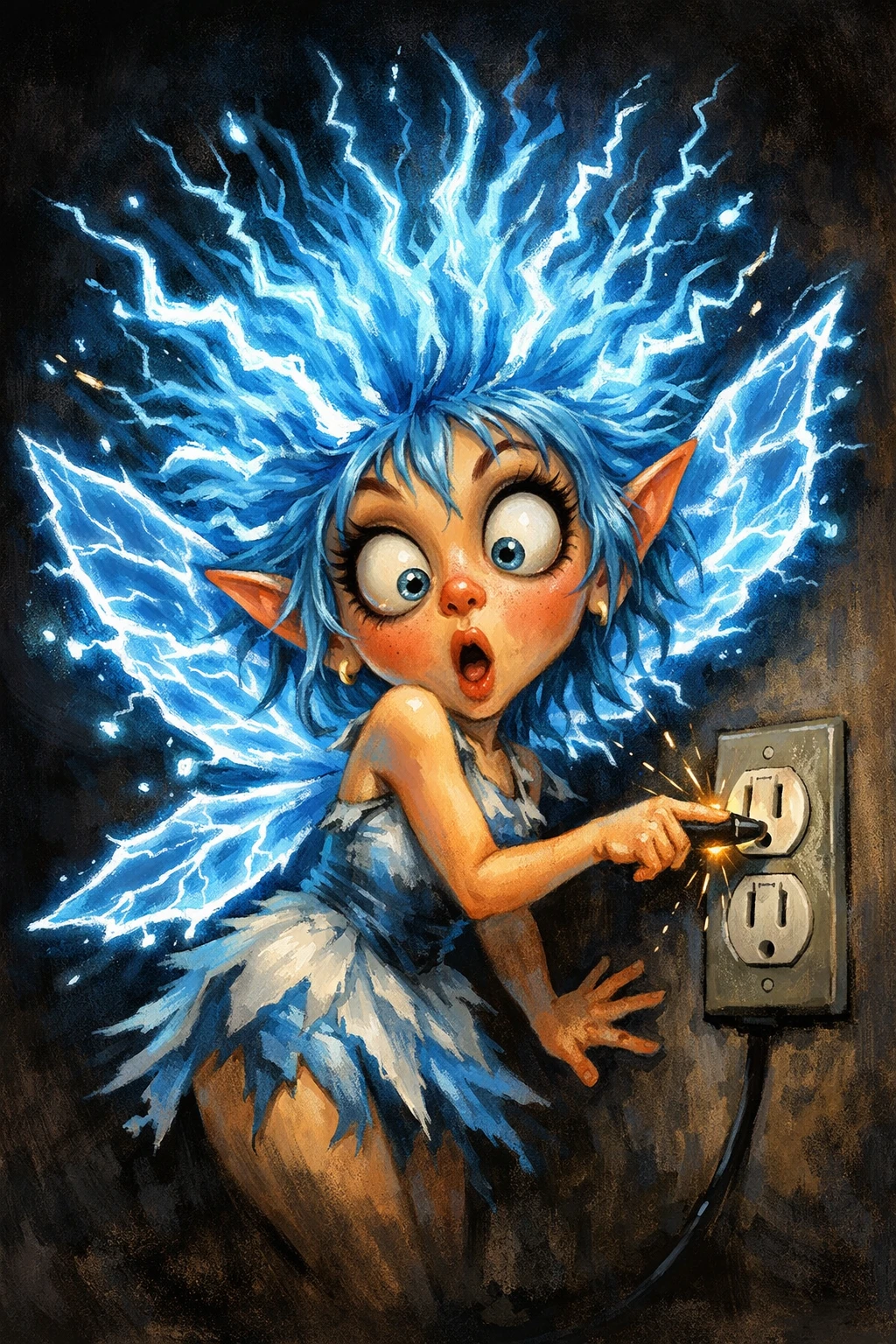 Shocked Fairy With Electric Hair Touching Wall Outlet