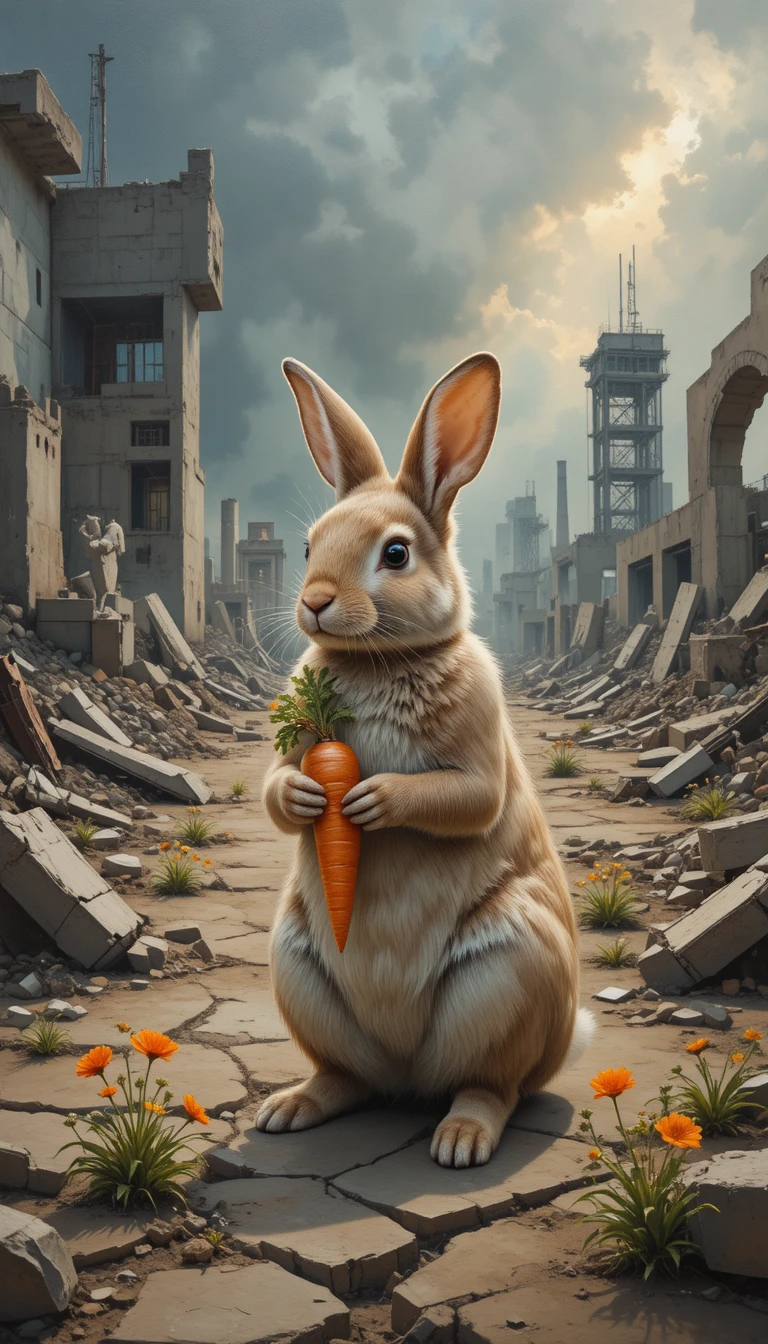 Coelho de primavera com cenoura em um deserto arruinado – pintura a óleo