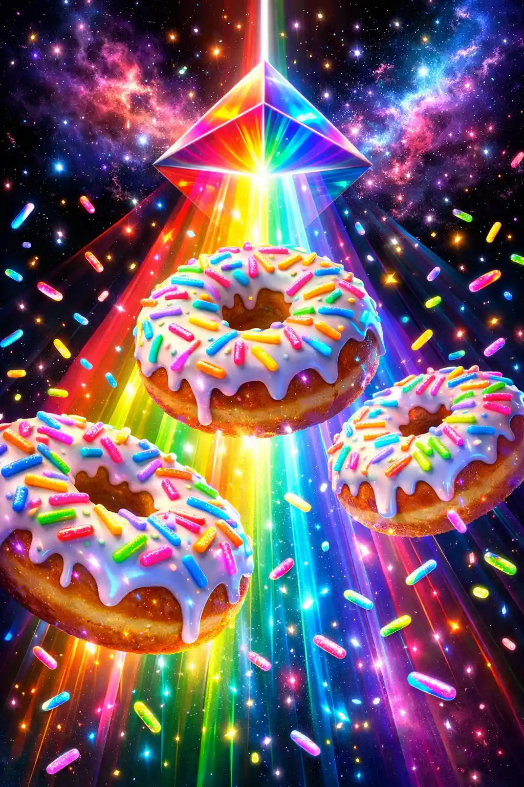 Close-up de donuts com granulados arco-íris em brilho cósmico neon