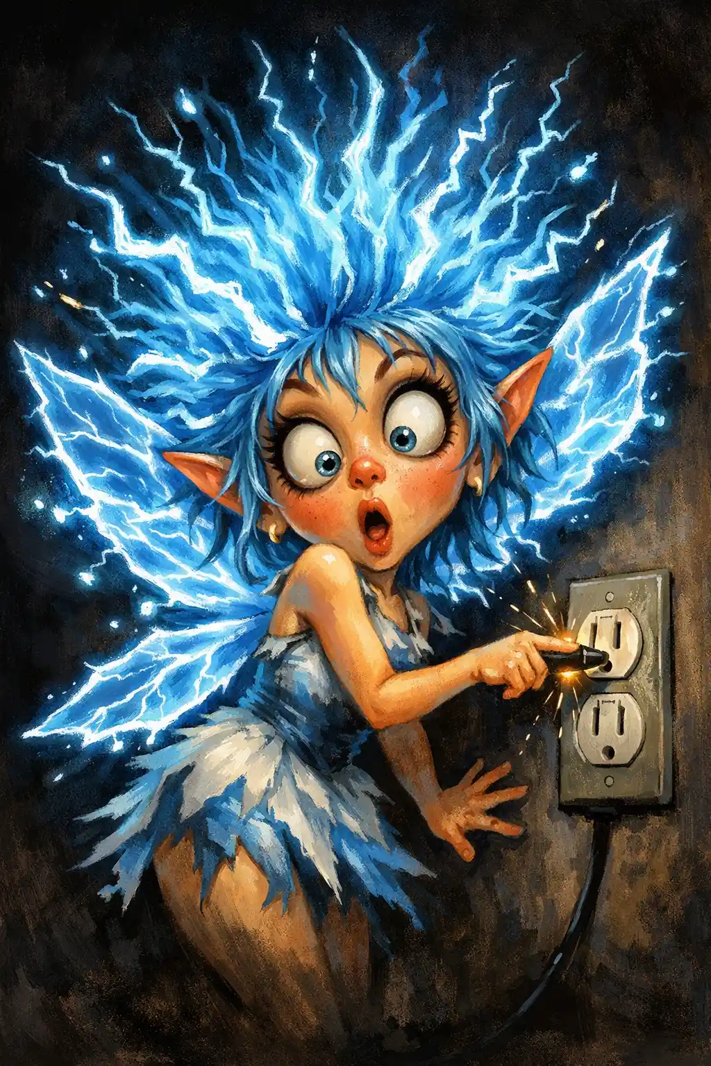 Shocked Fairy With Electric Hair Touching Wall Outlet