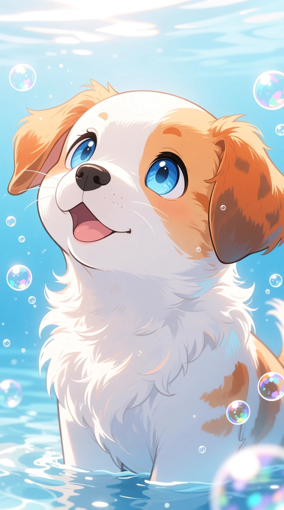 Dolce muso di cucciolo anime con occhi azzurri e bolle