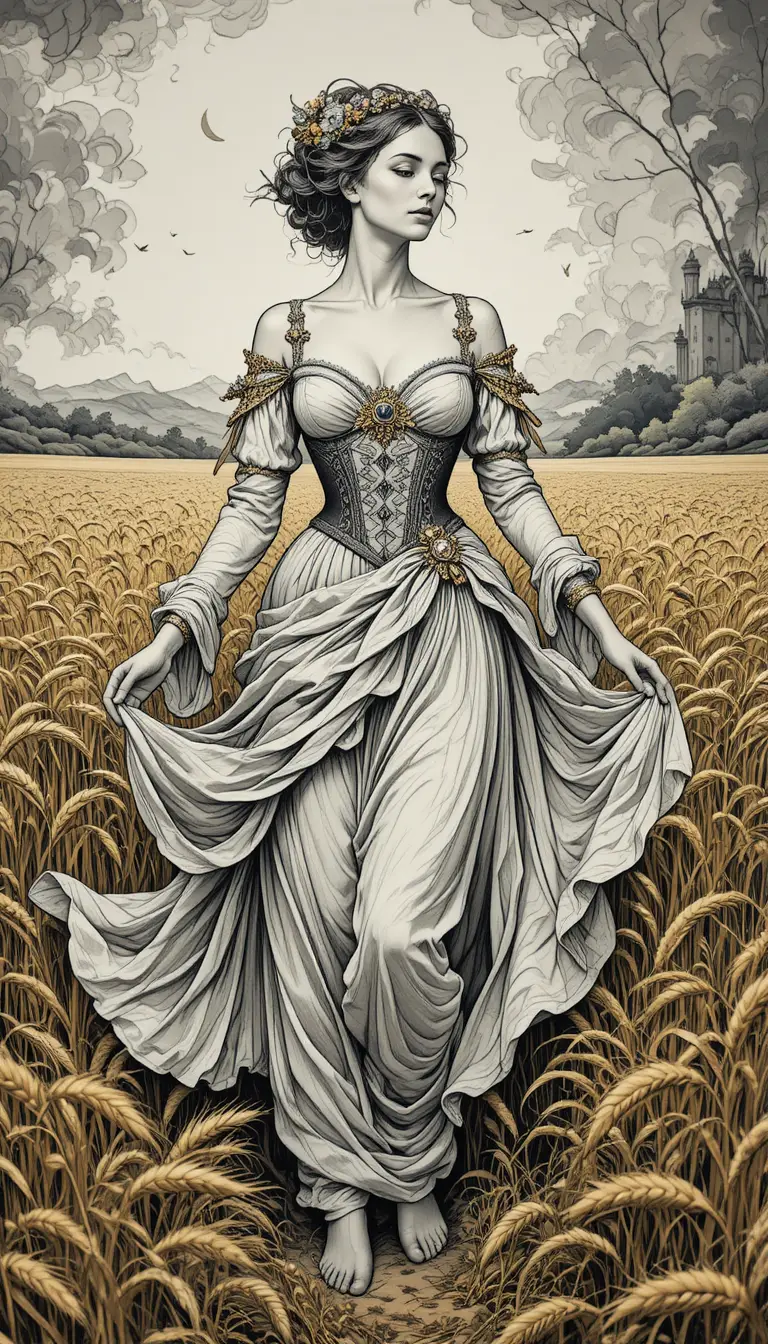 Femme en tenue historique debout dans un champ de blé