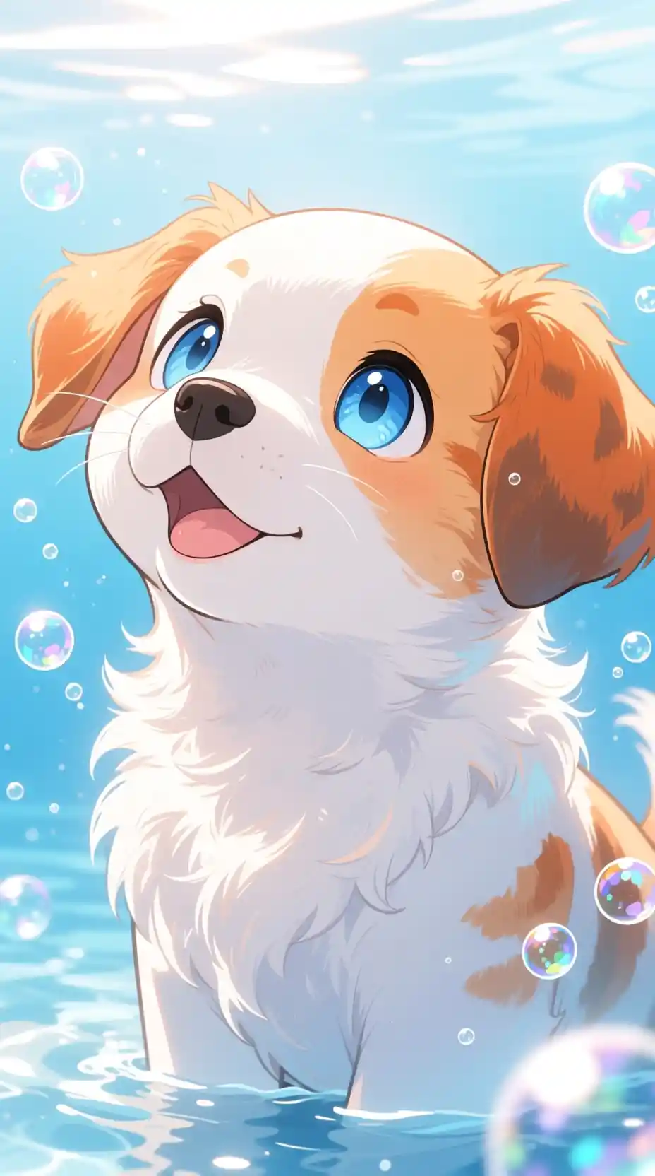 Dolce muso di cucciolo anime con occhi azzurri e bolle