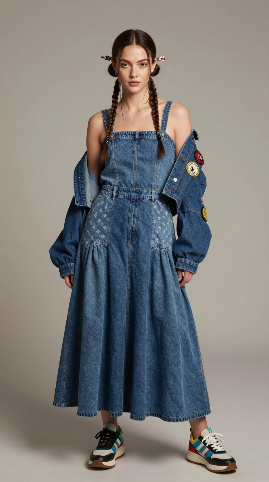 穿著層次牛仔洋裝與和服外套的時尚女子
