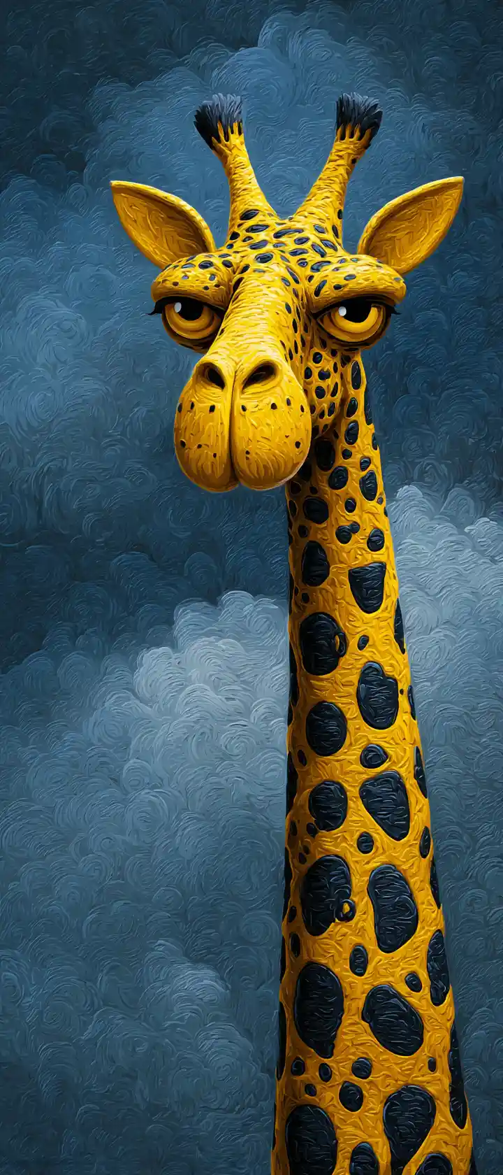 Whimsical yellow giraffe against dark cloudy blue sky