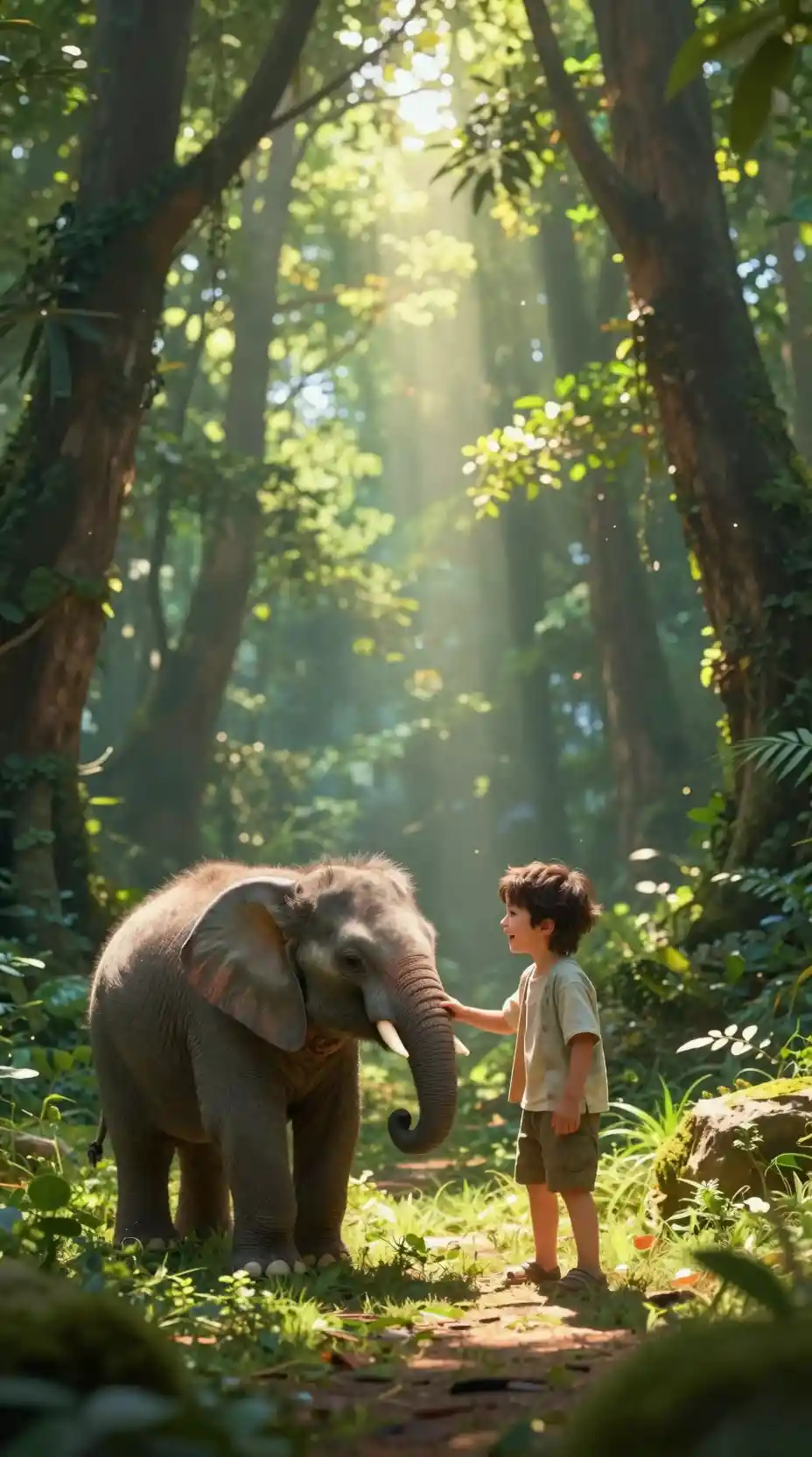 Ragazzo sorridente che gioca con un cucciolo di elefante su un sentiero nel bosco