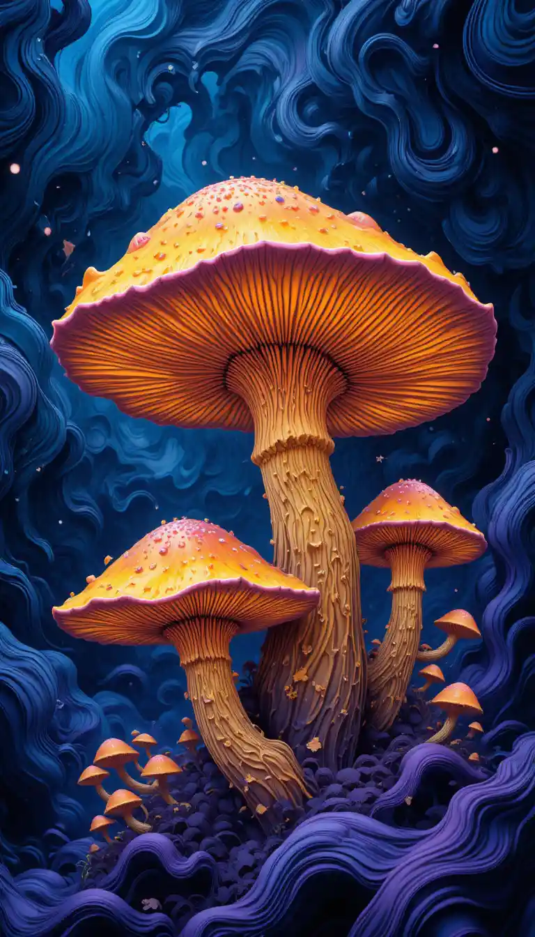 Goldene Pilze vor einem wirbelnden lila-blauen abstrakten Hintergrund
