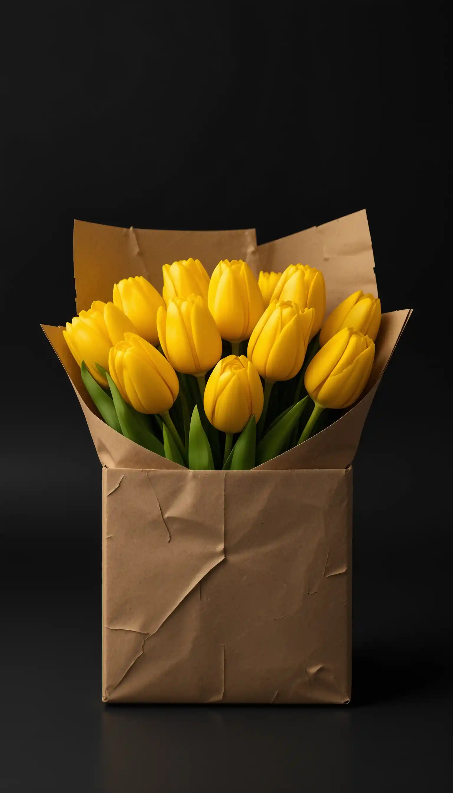 Gelbe Tulpen in Kraftpapier vor schwarzem Hintergrund