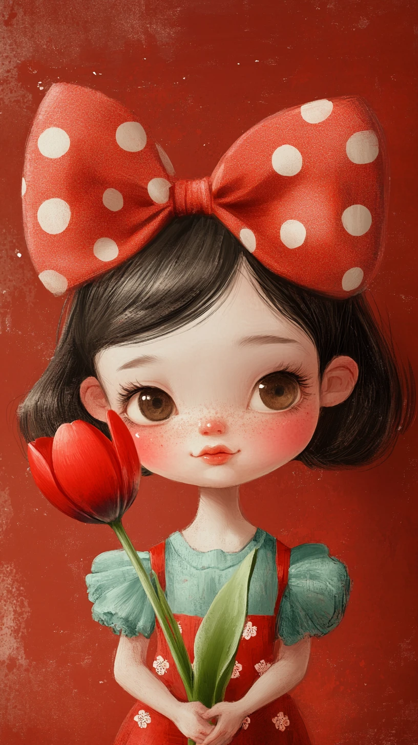 Cartoon girl with red bow smelling a red tulip