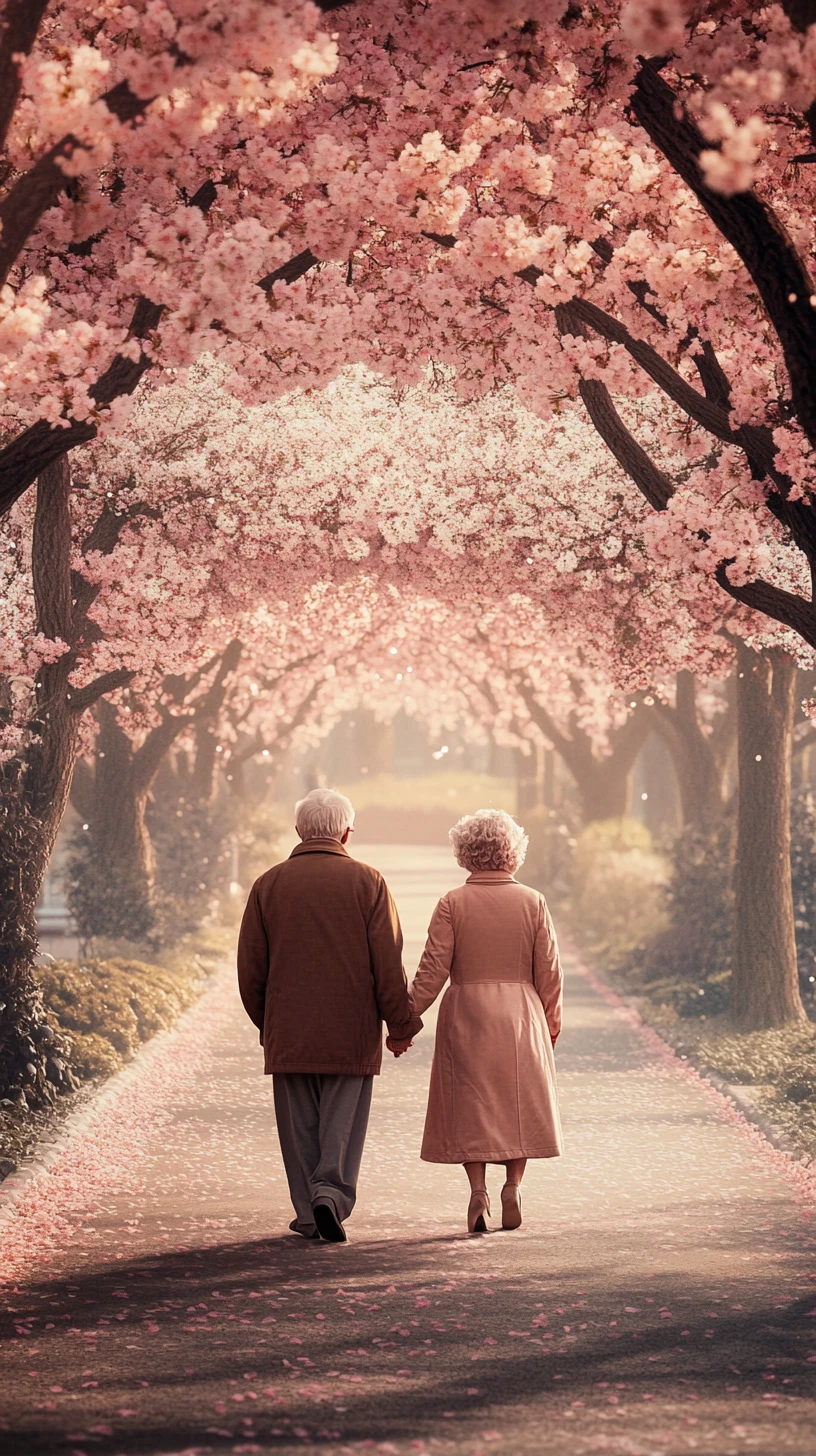 Elderly couple walking under blossoming cherry trees together