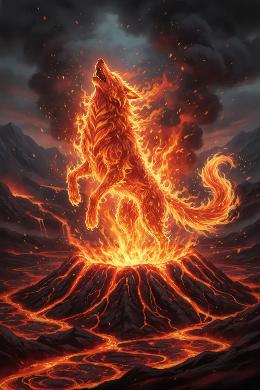 從爆發火山升起的炙熱火焰之狼