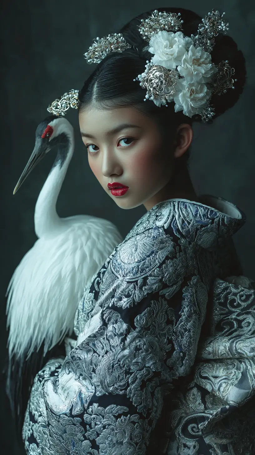 Élégante femme asiatique en kimono argenté avec grue blanche