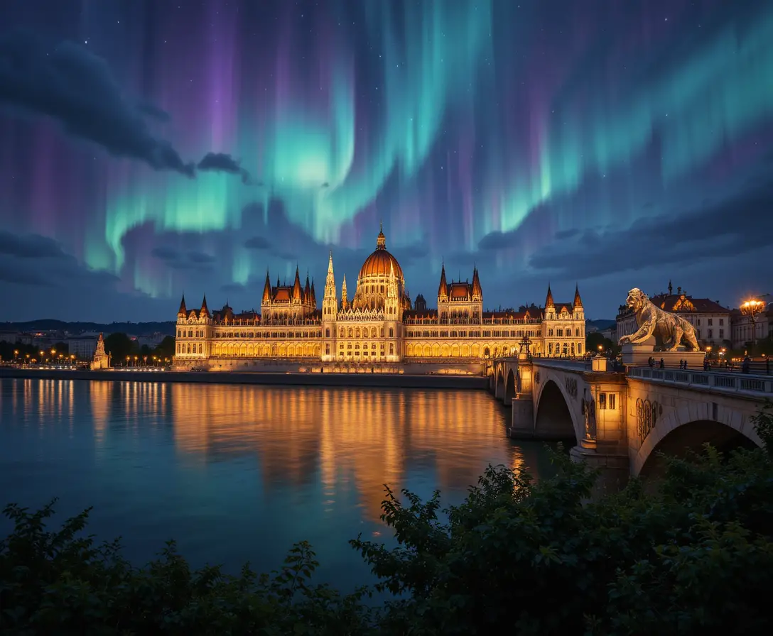 Chain Bridge and Parliament glowing over the Danube at night