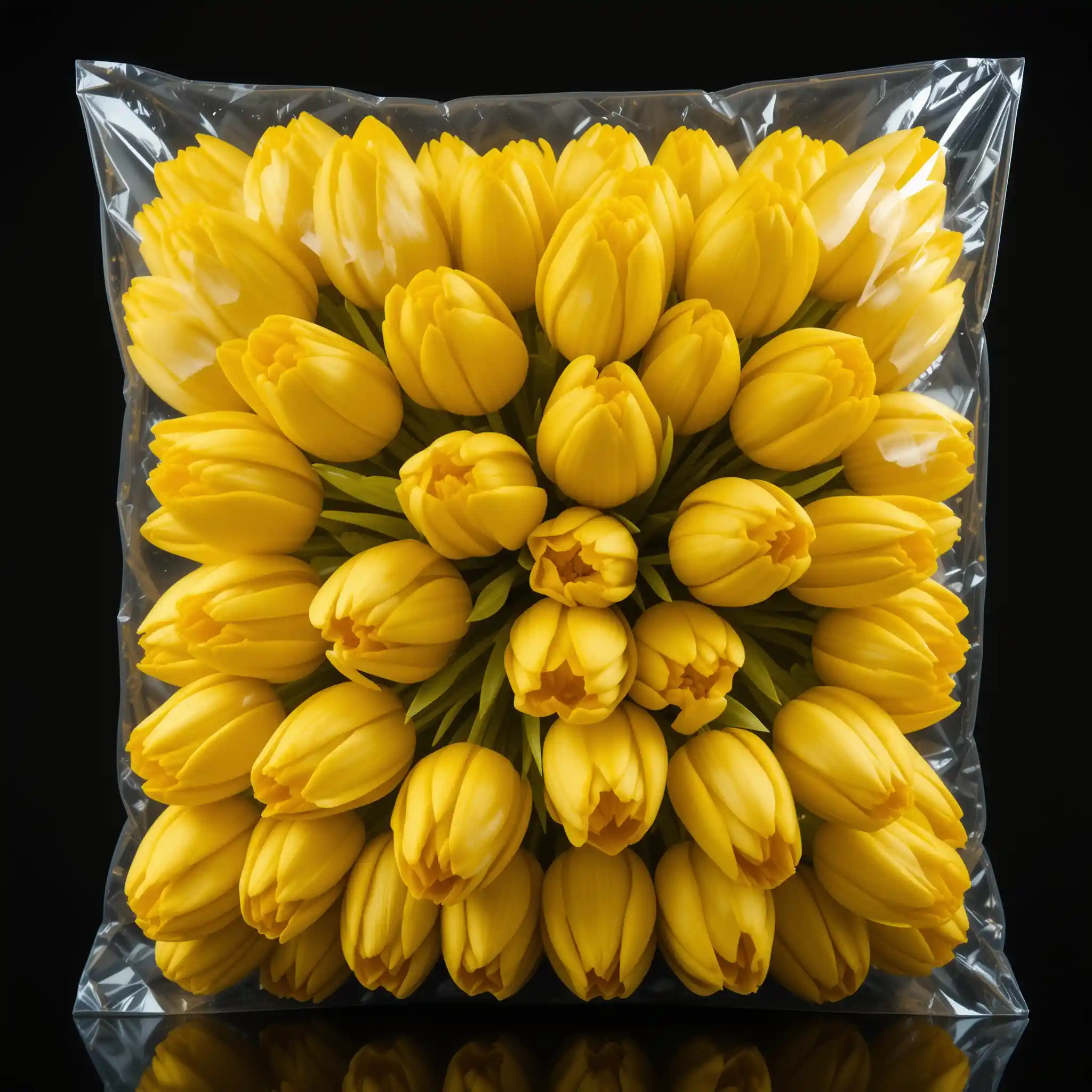 Gelbe Tulpen vakuumversiegelt in einer klaren quadratischen Plastiktüte