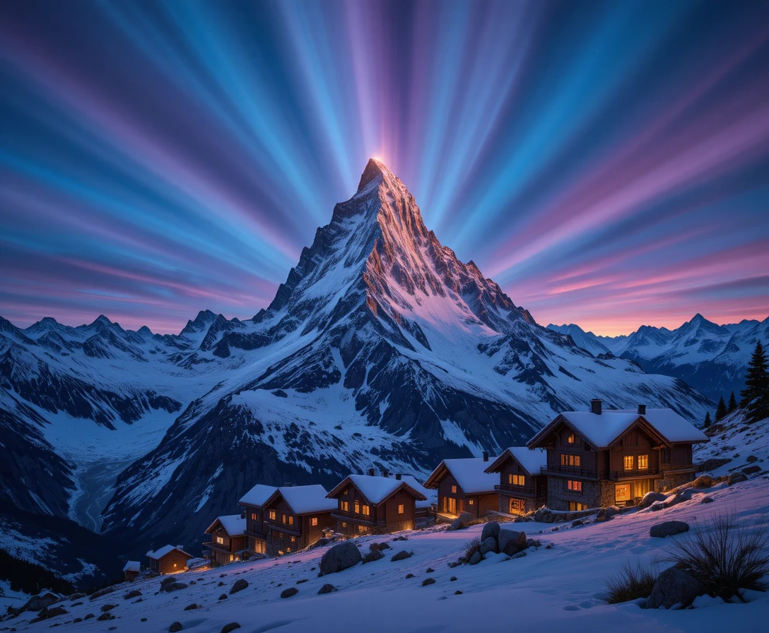 Sommet alpin enneigé brillant au crépuscule sous un ciel éclatant
