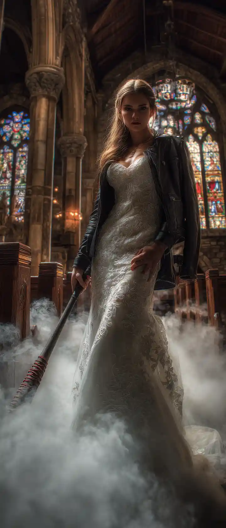 Bride with baseball bat in a foggy gothic church nave