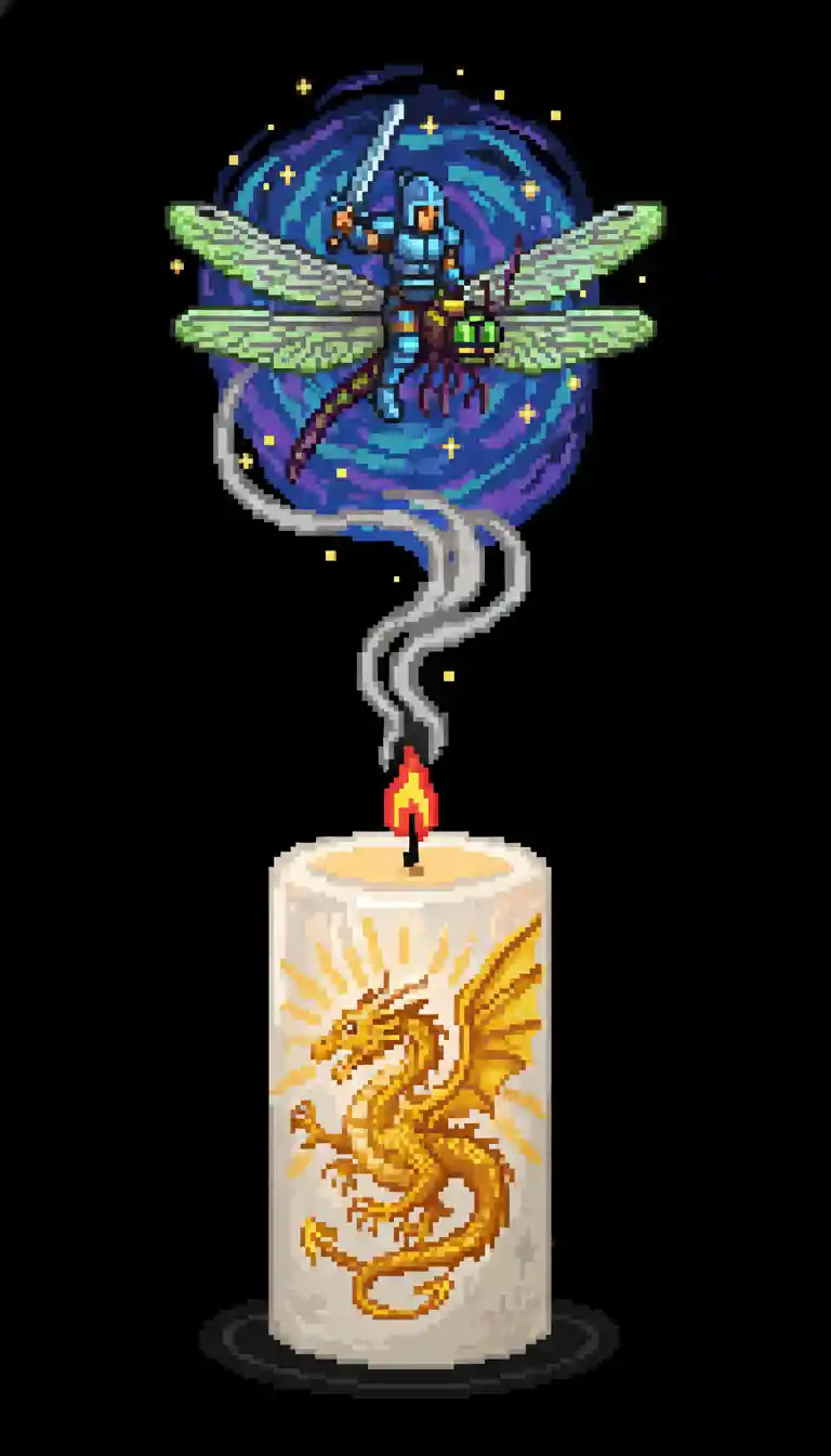 Weiße Kerze mit goldenem Drachen in einem dunklen Raum