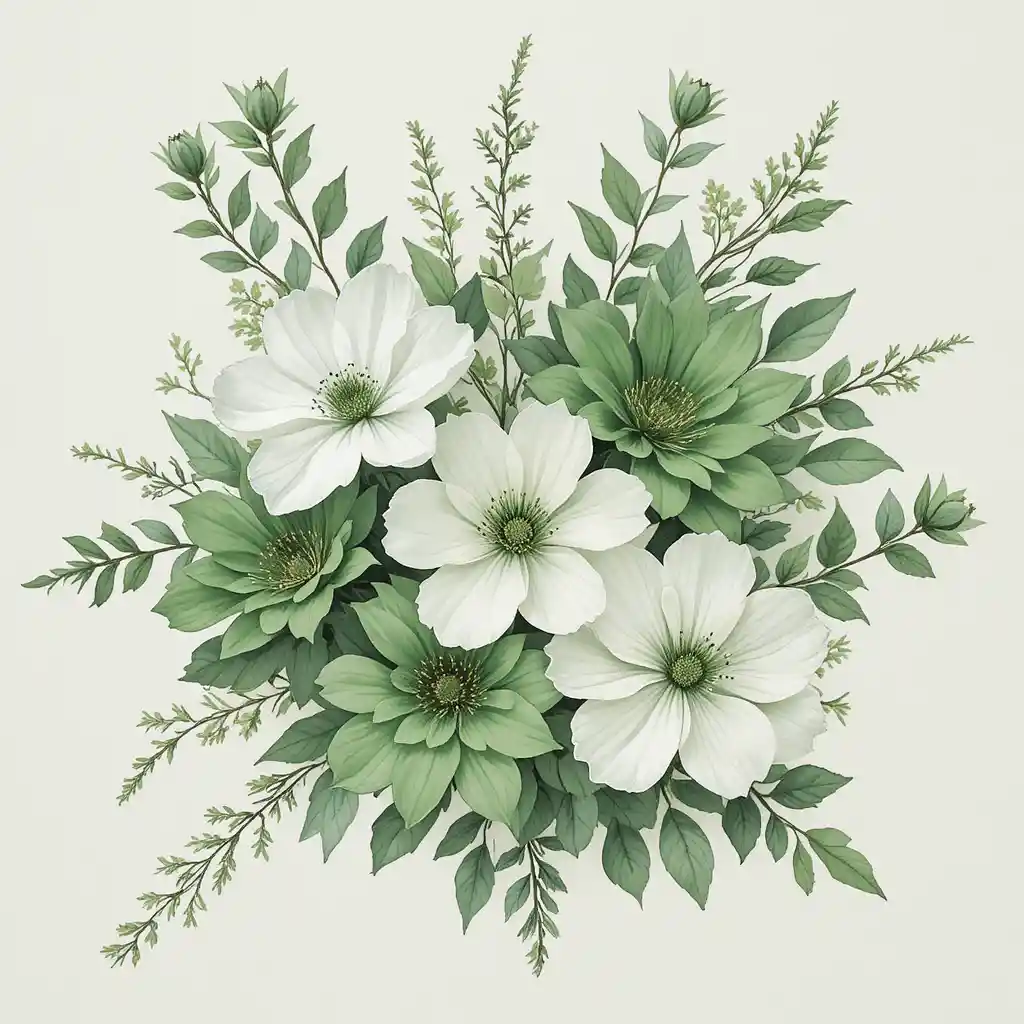 Sanfte grün-weiße Aquarell-Illustration eines Blumenstraußes