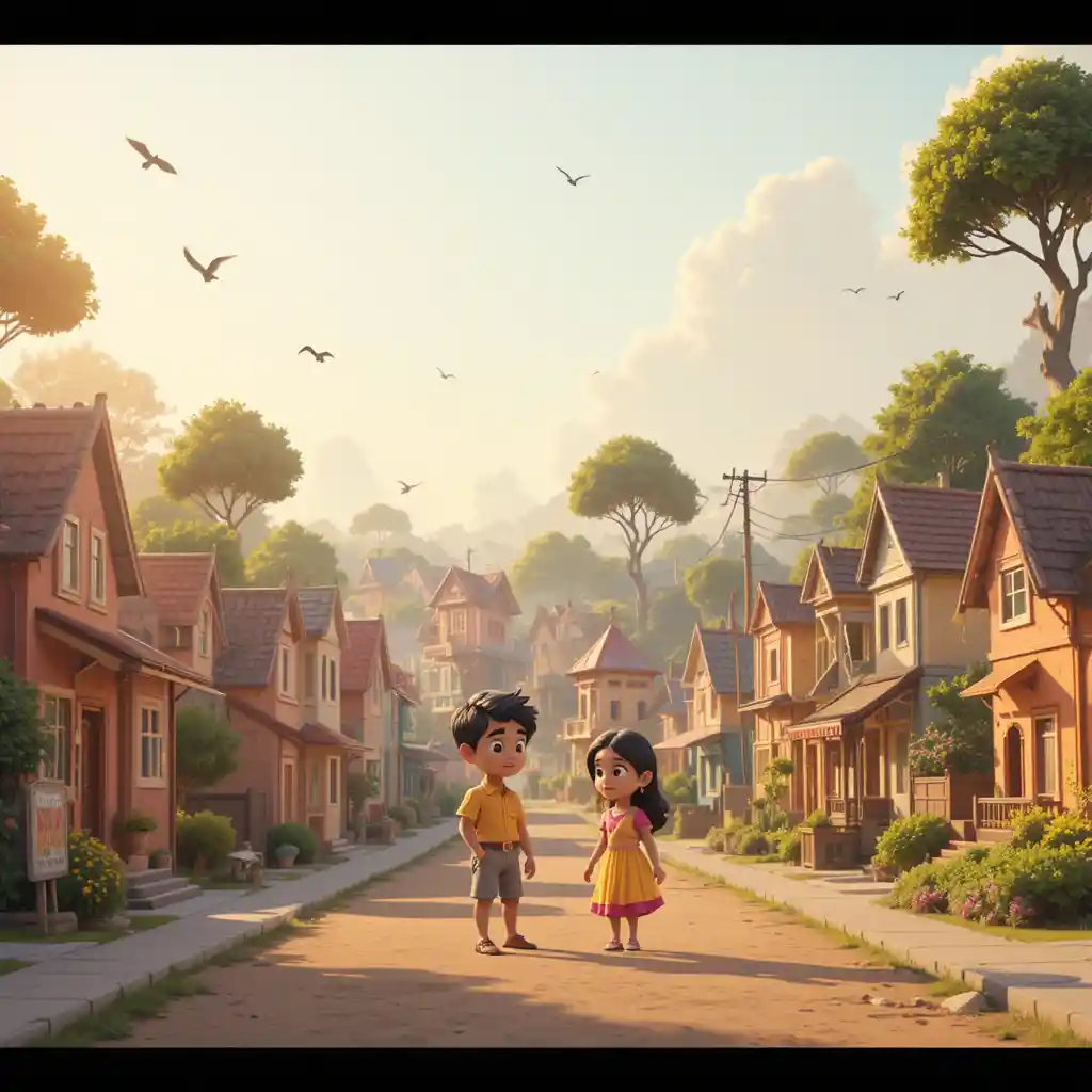 Tranquilla piccola città indiana in 3D con bambini nella luce del mattino