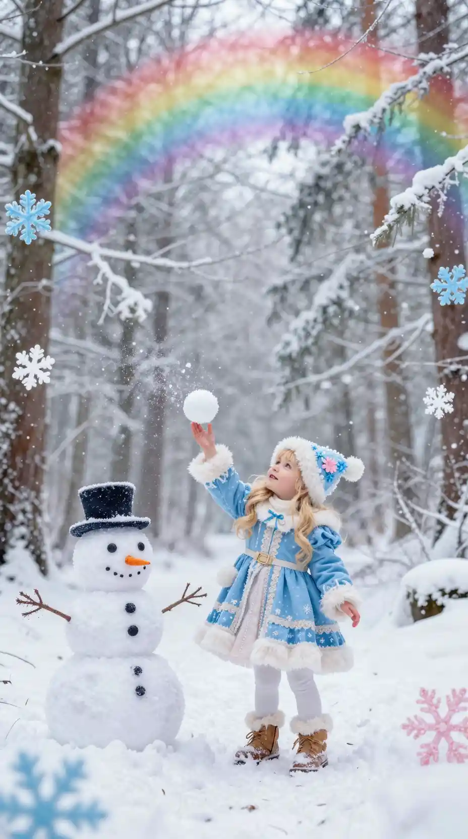 무지개 서리가 내린 겨울 숲 속 장난기 많은 금발 소녀