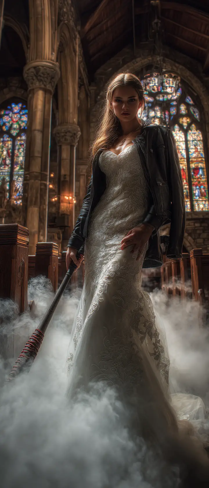 Sposa con mazza da baseball nella navata nebbiosa di una chiesa gotica