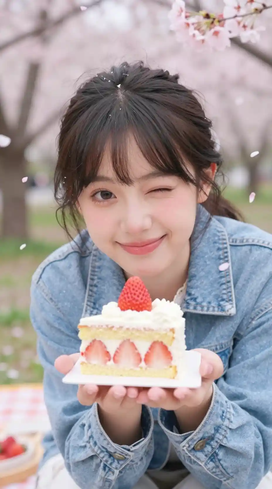 벚꽃 아래에서 딸기 케이크를 내미는 소녀