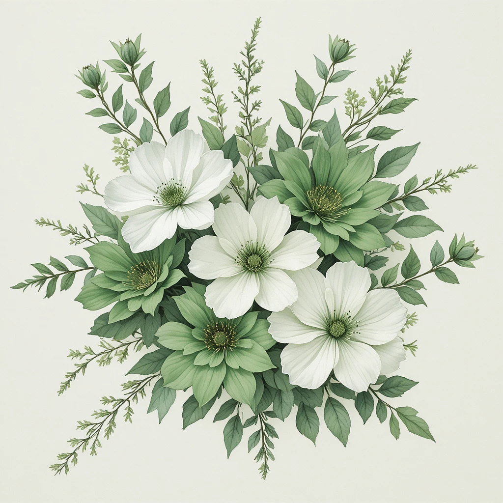 Sanfte grün-weiße Aquarell-Illustration eines Blumenstraußes