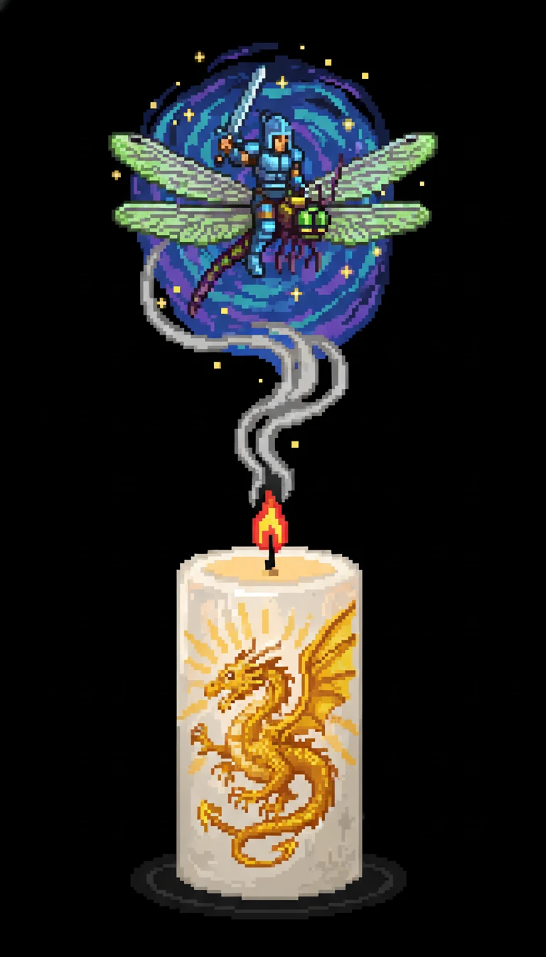 Weiße Kerze mit goldenem Drachen in einem dunklen Raum