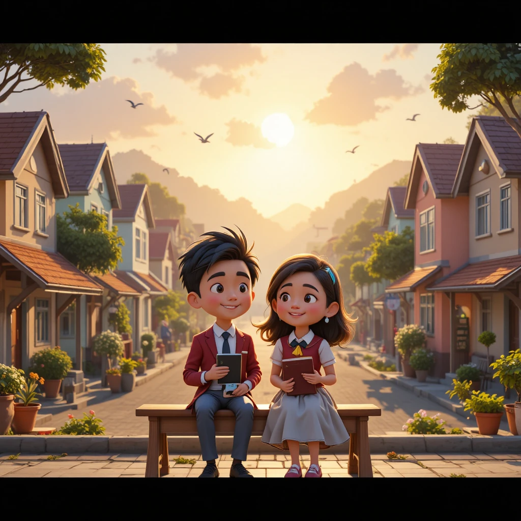 Tranquilla mattina 3D in una piccola città con due bambini distanti