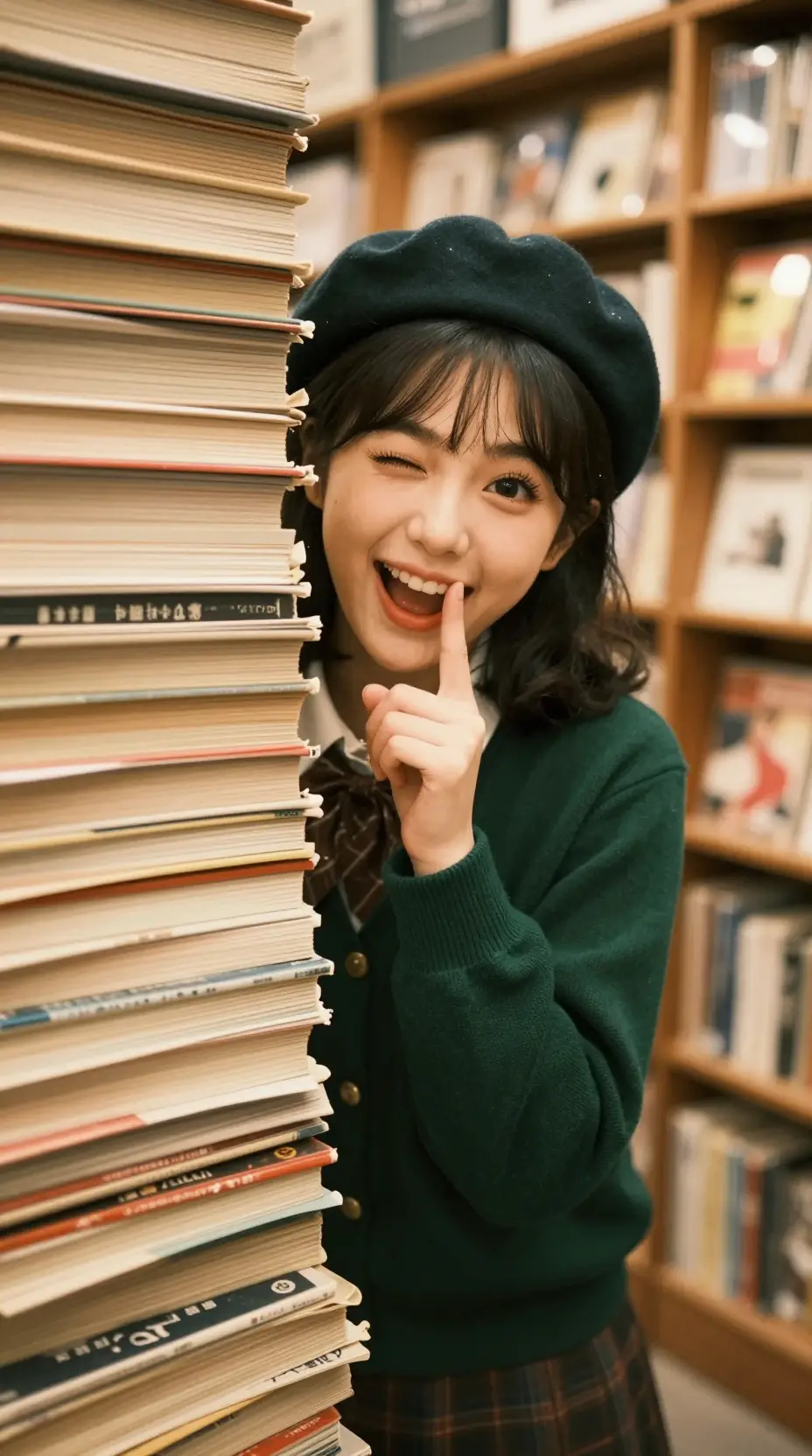 Girl hiding behind magazines in cozy japanese bookstore
