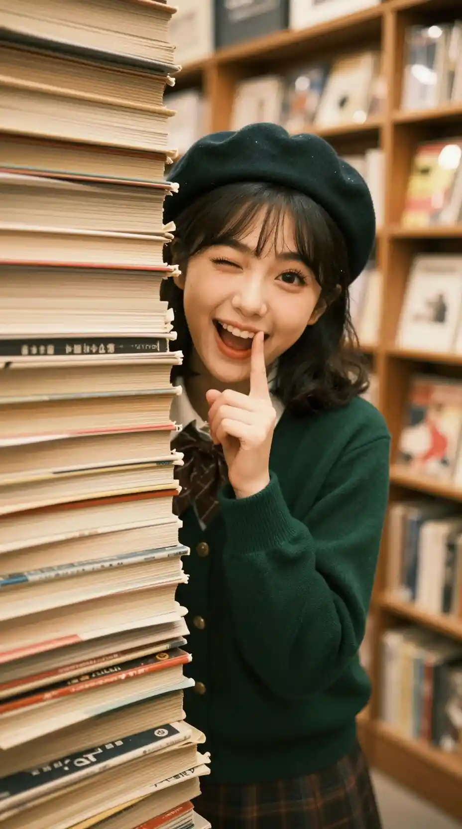 아늑한 일본 서점에서 잡지 뒤에 숨은 소녀