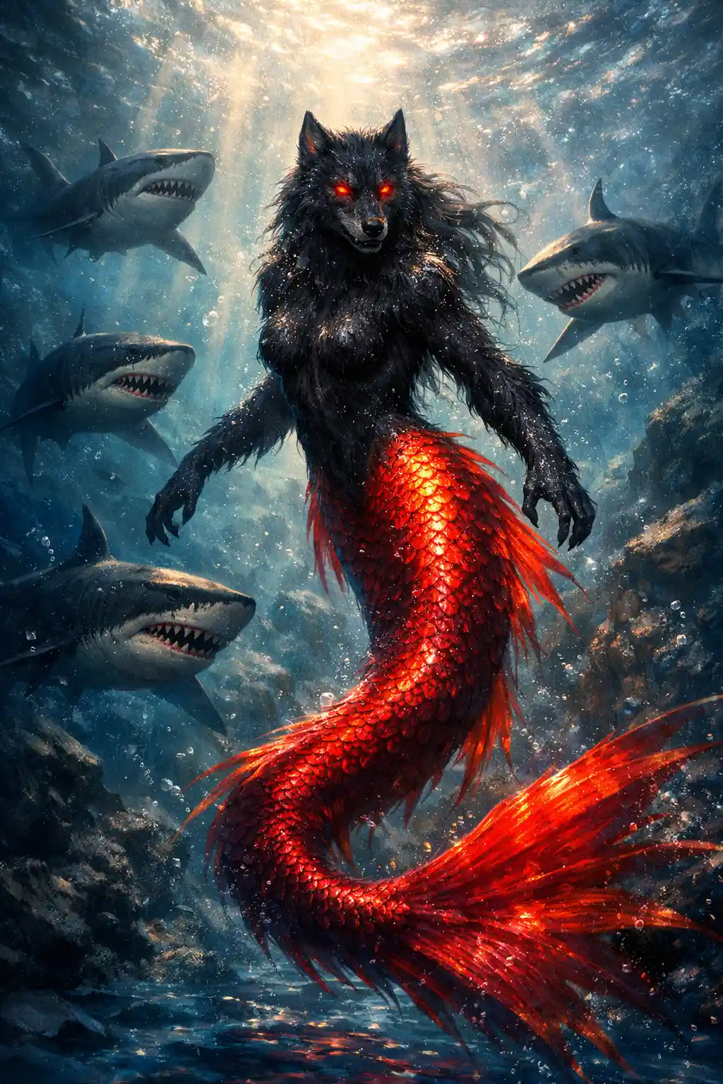 Hybrid werewolf mermaid surrounded by hunting sharks
